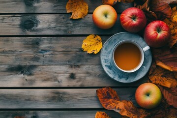 Poster - Cozy autumn setup with a warm drink and fresh apples surrounded by colorful leaves. Generative AI