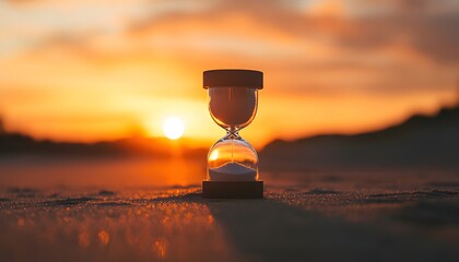 Poster - Serene Sunset with Hourglass Silhouette Against a Vibrant Sky, Symbolizing the Passage of Time and the Beauty of Nature's Transitions