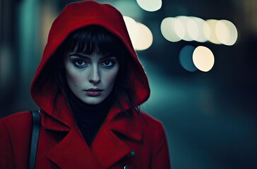 Wall Mural - A mysterious woman in a red coat with a hood on the street, on a dark night, with bokeh lights and a shallow depth of field