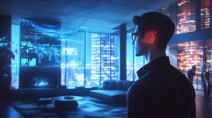 Poster - Futuristic Cityscape Man with Holographic Interface
