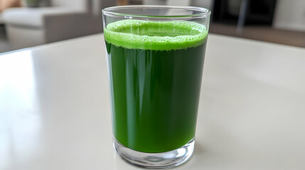 A clear glass of freshly brewed green juice with vibrant green tones, sitting on a plain light-colored countertop, minimal setup