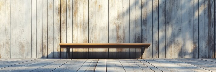 Poster - Empty wooden bench against a textured wooden wall with ample space for text and creative expressions. Generative AI