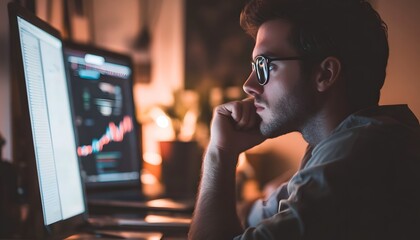 Aufkleber - Young man focused on computer screen analyzing data and financial charts in a dimly lit workspace, highlighting productivity and concentration in the digital age