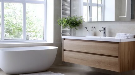 Wall Mural - bathroom and cabinet concept. Modern bathroom featuring a freestanding tub, wooden vanity, and natural light.