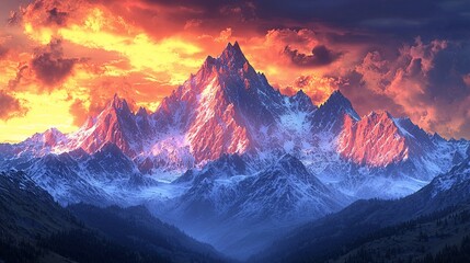 Canvas Print - Majestic snow-capped mountain peak ablaze in sunset.