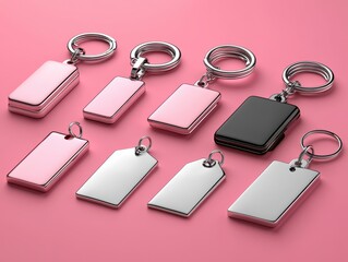 Stylish Keychains and Tags Arranged on Pink Background Display