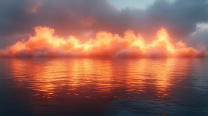 Wall Mural - A fire is burning in the sky and the water is reflecting the orange flames