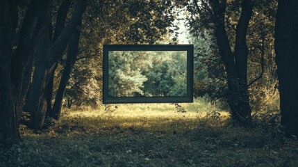 Poster - Floating frame in a serene forest setting with space for creative text placement. Generative AI