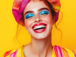 Wall Mural - Woman with bright makeup and colorful hat