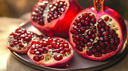 A detailed shot of halved pomegranates and their seeds arranged beautifully on a plate, emphasizing their bright red hues and freshness under bright light