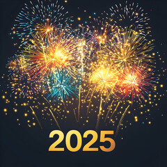 Poster - A vibrant New Year's card with fireworks illuminating the night sky, displaying large numbers 