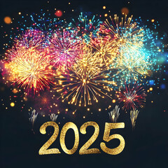 Poster - A vibrant New Year's card with fireworks illuminating the night sky, displaying large numbers 