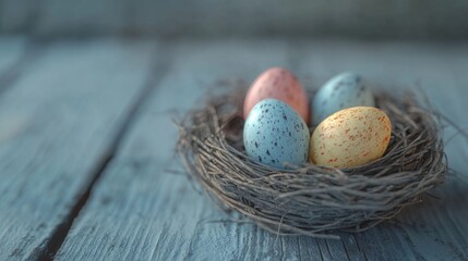 Pastel Easter Eggs in Rustic Bird Nest on Wood