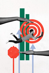 Aufkleber - Creative 3D photo collage trend artwork template of target purpose progress strategy goal achievement hand hold young guy fly type laptop
