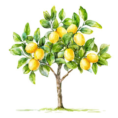 A watercolor of a lemon tree, isolated on a white background. Tree vector.
