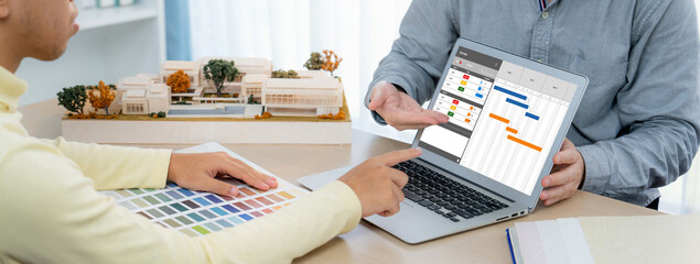 Project planning software for brisk business project management on the computer screen showing timeline chart of the team project