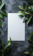 Leinwandbilder - Blank sheet of paper surrounded by green leaves on a dark textured surface for design and creativity. Generative AI