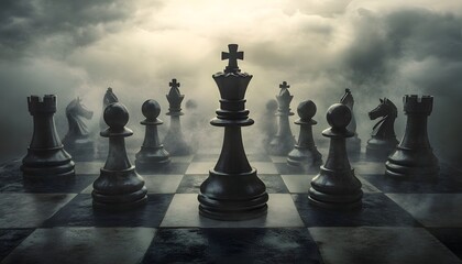 Poster - A Mysterious Chessboard Scene with Dark Pieces and Foggy Background, Highlighting Strategy and Tension in an Atmospheric Setting