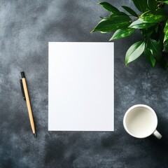 Poster - Space for creative ideas with blank sheet and coffee set on textured surface in a calm workspace environment. Generative AI