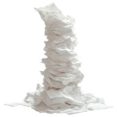 A towering sculpture of crumpled Png papers creating an artful display in a minimalistic setting, Artful Chaos A Tower Crumpled Papers, transparent background.