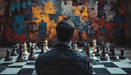 Poster - A Contemplative Moment in Chess: A Player Stares Intently at the Board Surrounded by a Vibrant Urban Artwork Background, Evoking Strategy and Thoughtfulness