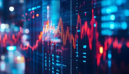 Aufkleber - Abstract visualization of financial data with glowing red and blue lines representing market trends and stock performance in a modern digital interface setting