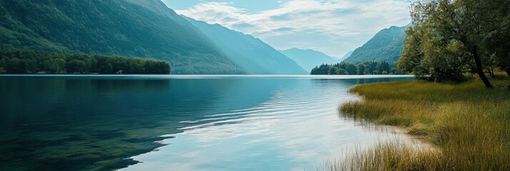 Poster - Serene lake with tranquil water reflections and gentle hills in the background at midday. Generative AI
