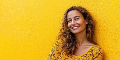 Wall Mural - Woman Smiling on Yellow Wall