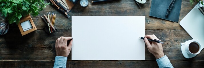 Poster - Creative workspace with hands holding pen above blank paper ready for notes or artwork. Generative AI