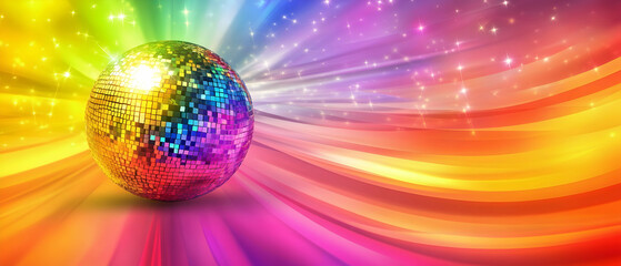 Poster - Disco ball casting colorful lights against a multicolor music-themed background, space for text  -