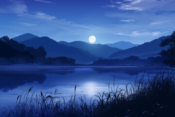 Sticker - Serene Moonlight Lake Landscape with Misty Mountains . Anime style