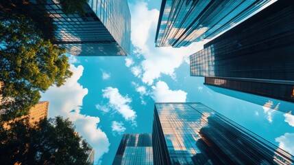 Aufkleber - Modern skyscrapers reach towards a bright blue sky with fluffy clouds in a bustling urban landscape showcasing clear daylight. Generative AI