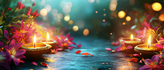 Wall Mural - festive floral background with vibrant colors and glowing oil lamps for a celebration -