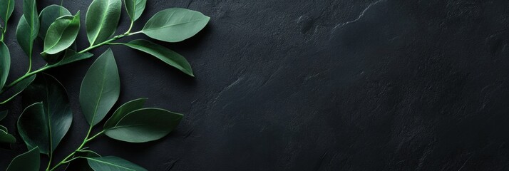 Fototapete - Leafy foliage on dark stone surface with ample space for text and design elements. Generative AI