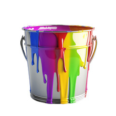 Poster - A silver metal bucket overflowing with vibrant rainbow colored paint dripping down its sides against a black background.