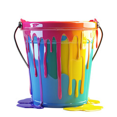 Poster - A metal bucket overflowing with vibrant paint, with multiple colors dripping down the sides and onto a black background.