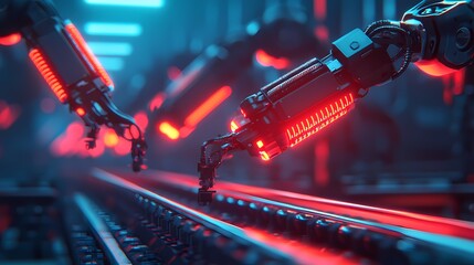 A futuristic scene depicting robotic arms with glowing red lights working on a conveyor belt in a high-tech industrial environment.