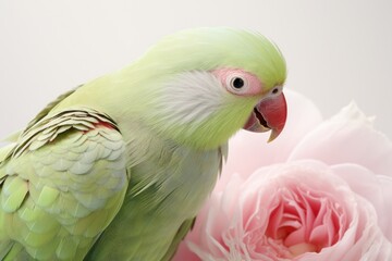 Close-up of a female Rose-Ringed Parakeet with intricate green feather patterns and a delicate rose ring, isolated on white background