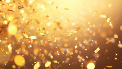 Wall Mural - festive christmas light decorations with gold confetti and glowing ornaments, warm golden background