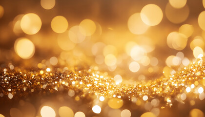 Wall Mural - festive christmas light decorations with gold confetti and glowing ornaments, warm golden background