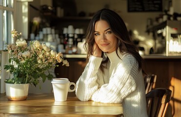 A beautiful woman is sitting at a table in a café, holding a coffee cup and smiling while looking at the camera.