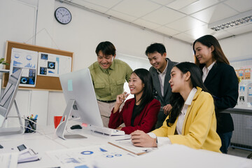 Poster - Group of diverse colleagues gathering around computer, analyzing data and discussing business strategies in a bright modern office, fostering collaboration and teamwork