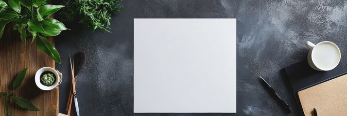 Fototapete - Creative workspace with empty paper and supplies for artistic projects and note taking in a bright environment. Generative AI