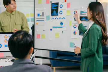 Poster - Businesswoman pointing at charts and explaining strategy to colleagues during a meeting in a modern office, using whiteboard and sticky notes