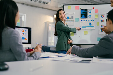 Aufkleber - Asian businesswoman leads a presentation, pointing at charts and graphs on a whiteboard while her colleagues listen attentively in a modern office meeting room