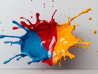 Wall Mural - A red yellow and blue paint splashing out of a white surface