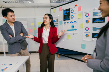 Aufkleber - Young asian businesswoman in a red jacket leading a presentation on financial charts and data analysis, fostering teamwork and collaboration in a modern office