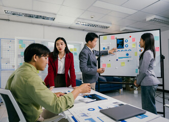 Aufkleber - Group of young asian professionals reviewing marketing data on a whiteboard, actively discussing strategies and collaborating to achieve business objectives