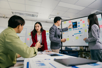Aufkleber - Four asian businesspeople are discussing data displayed on a whiteboard, analyzing charts and graphs together in a modern office environment during a productive meeting