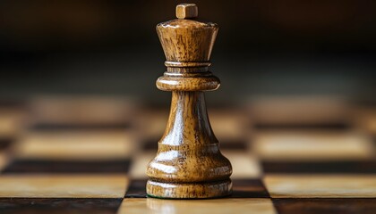 Poster - Close-up View of a Wooden Chess King Piece on a Chessboard Highlighting Strategic Gameplay and Intricate Design Details in a Classic Game Setting